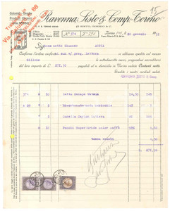 1931 TORINO C.so Vittorio Emanuele II 44 - RAVENNA SISTO & Comp. - Fattura (8) Fattura commerciale d'epoca dattiloscritta, su carta intestata. Sull'intestazione &egrave; apposto il timbro "Traslocati in Via Saluzzo n. 88".Presenti marche da bollo.PAGINE: 1  POOR/danneggiato piegature d'epoca; fori da classificatore; piccoli fori da spillatura; strappi marginali Formato: 23x28 cm originale e autentica 1