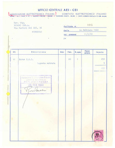 1960 MILANO Via S. Paolo 10 - AEI Associazione Elettrotecnica Italiana - Fattura