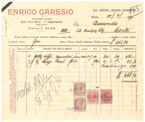 1930 TORINO Docks Porta Nuova - Enrico GARESIO Olii Salumi Conserve - Fattura