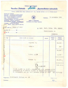 1960 TORINO C.so Duca degli Abruzzi 6 - Primo CHIABERGE "AEDI" - Fattura Fattura commerciale d'epoca dattiloscritta, su carta intestata.PAGINE: 2 POOR/danneggiato piegature d'epoca; fori da classificatore; piccoli fori da spillatura; residuo cartaceo al lato sinistro; punti metallici Formato: 22x29 cm originale e autentica 1