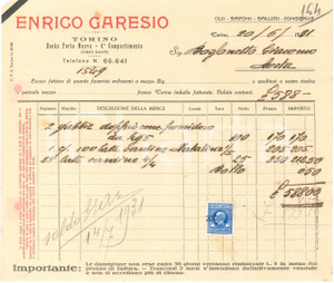 1931 TORINO Docks Porta Nuova - Enrico GARESIO Olii Salumi Conserve - Fattura