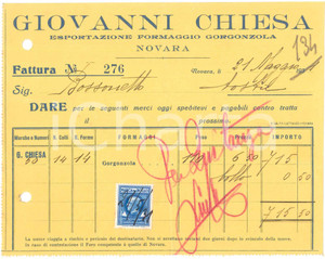 1931 NOVARA - Giovanni CHIESA Esportazione formaggio gorgonzola - Fattura Fattura commerciale d'epoca manoscritta, su carta intestata.Presente marca da bollo.PAGINE: 1 FAIR/discreto piegature d'epoca; fori da classificatore; piccoli fori da spillatura Formato: 17x13 cm originale e autentica 1