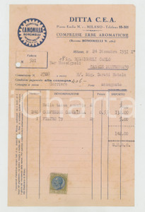 1931 MILANO Piazza Emilia 1 - Ditta C.E.A. Compresse Erbe Aromatiche - Fattura