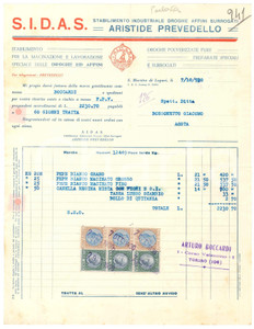 1930 S. MARTINO DI LUPARI (PD) Aristide PREVEDELLO SIDAS Droghe Affini - Fattura Fattura commerciale d'epoca dattiloscritta, su carta intestata.Presenti marche da bollo.PAGINE: 1 FAIR/discreto piegature d'epoca; fori da classificatore; piccoli fori da spillatura; lievi ondulature marginali e fioriture Formato: 22x28 cm originale e autentica 1