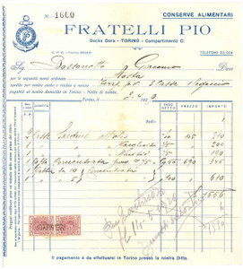 1929 TORINO Docks Dora - Fratelli PIO Conserve alimentari - Fattura (1)