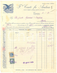 1931 CICOGNARA (MN) - F.lli CERATI fu Andrea Antica fabbrica di scope - Fattura Fattura commerciale d'epoca manoscritta, su carta intestata.Presenti marche da bollo.PAGINE: 1 POOR/danneggiato piegature d'epoca; fori da classificatore; piccoli fori da spillatura; lievi ondulature marginali; fioriture; abrasioni Formato: 22x28 cm originale e autentica 1