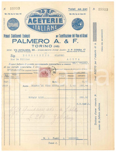 1929 TORINO Via Avigliana 30 - PALMERO A. & F. Aceterie Italiane - Fattura