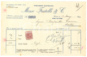 1930 TORINO Via Monza 4 MOSSO Fratelli & C. Stabilimento elettrolitico ^Fattura