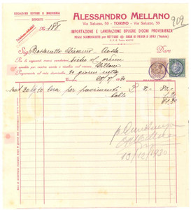 1930 TORINO Via Saluzzo 59 - Alessandro MELLANO Lavorazione spugne - Fattura (1)