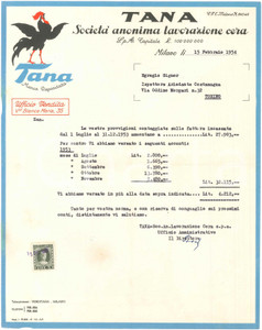 1954 MILANO V.le Bianca Maria 35 TANA SocietÃ  anonima lavorazione cera - Lettera Lettera commerciale d'epoca dattiloscritta, su carta intestata.Presente marca da bollo.PAGINE: 1 FAIR/discreto piegature d'epoca Formato: 22x28 cm originale e autentica 1