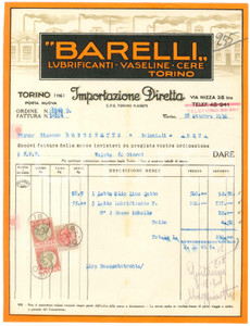 1930 TORINO Via Nizza 28 bis - BARELLI Lubrificanti Vaseline Cere - Fattura (1)