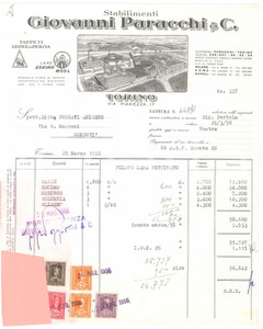 1956 TORINO Via Pianezza - Stabilimenti Giovanni PARACCHI & C. Tappeti - Fattura