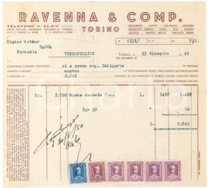 1949 TORINO Via Saluzzo 88 - RAVENNA & COMP. - Fattura per manna in cannoli (1) Fattura commerciale d'epoca dattiloscritta, su carta intestata.Presenti marche da bollo.PAGINE: 1 FAIR/discreto piegature d'epoca; lievi ingiallimenti Formato: 21x19 cm originale e autentica 1