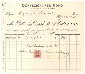 1926 TORINO Via Alfieri 3 - Ditta ROSSI & ANTONINO Confezioni per uomo - Fattura