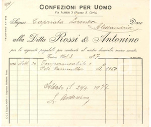 1927 TORINO Via Alfieri 3 - Ditta ROSSI & ANTONINO Confezioni per uomo - Fattura