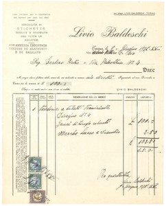 1937 TORINO Via S. Pellico 2 - Livio BALDESCHI Specialità in etichette - Fattura