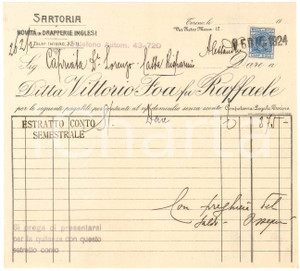 1924 TORINO Via Pietro Micca - Vittorio FOA fu Raffaele Sartoria *Estratto conto Estratto conto d'epoca manoscritto, su carta intestata.Presente marca da bollo.PAGINE: 1 FAIR/discreto piegature d'epoca Formato: 21x19 cm originale e autentica 1