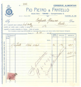 1926 TORINO Docks Dora - Pio Pietro & Fratello Conserve alimentari - Fattura (2)