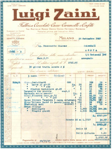 1927 MILANO Via C. Abba 4 - Luigi ZAINI Fabbrica Cioccolato Cacao - Fattura