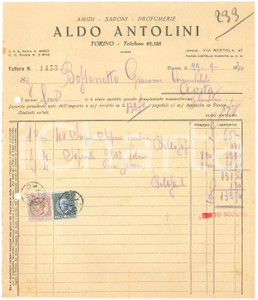 1930 TORINO Via Bertola 47 - Aldo ANTOLINI Amidi Saponi Profumerie - Fattura