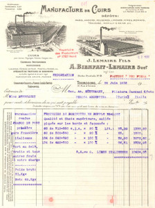 1938 TOURCOING (FRANCE) J. LEMAIRE Fils A. BIENFAIT - LEMAIRE Suc.r - Facture