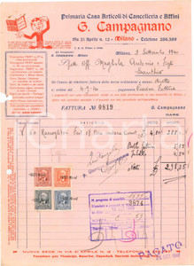 1940 MILANO Via 21 Aprile 12 - G. CAMPAGNANO Cancelleria e Affini - Fattura