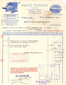 1942 MILANO Via Luca della Robbia 6 - Emilio PODESTÀ Macchine rotative *Fattura