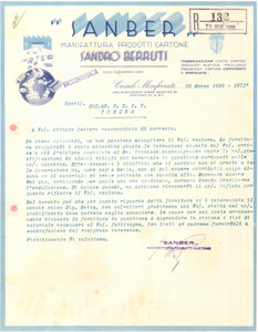 1939 CASALE MONFERRATO (AL) Sandro BERRUTI - SANBER Prodotti cartone - Lettera