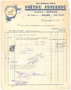 1953 MILANO Via Pattari - Ditta Guglielmo AFFER di Pietro FRIGERIO - Fattura