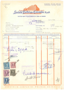 1954 MILANO Via Lazzaretto 11 - Società Elettrica COLOMBO S.p.A. - Fattura