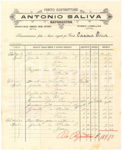 1911 ROBBIO (PV) - Perito costruttore Antonio SALIVA Capomastro - Fattura