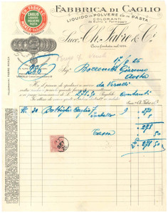 1926 MONZA Via Aliprandi - Succ.re CH. FABRE & C.i Fabbrica di caglio - Fattura