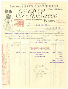 1920 TORINO Via Bogino 13 - G. R. SACCO Successore A. MULASSANO - Fattura