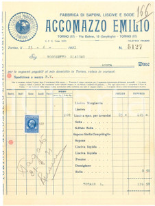 1931 TORINO Via Balme 13 - Emilio ACCOMAZZO Fabbrica di saponi - Fattura (3)