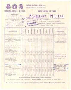 1912 MODENA - Giacomo CESATI & Figli - Listino prezzi delle forniture militari