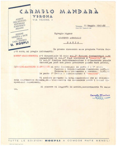 Documento originale, autentico 1942 VERONA Via TEZONE 3  Carmelo MANDARA  agente HOEPLI  Lettera commerciale 1
