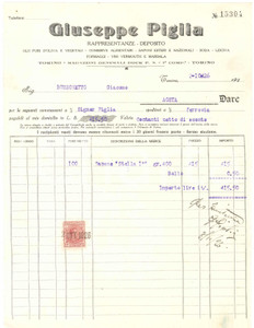 1926 TORINO Dock P.N. Giuseppe PIGLIA Rappresentanze - Fattura sapone STELLA Fattura commerciale d'epoca dattiloscritta, su carta intestata.Presente marca da bollo.PAGINE: 1 FAIR/discreto piegature d'epoca Formato: 23x28 cm originale e autentica 1