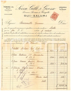 1927 TORINO Docks Porta Nuova - SERRA, GILLI & GROSSO Olii Salumi - Fattura