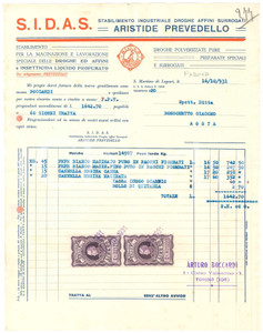 1931 S. MARTINO DI LUPARI (PD) Aristide PREVEDELLO SIDAS Droghe Affini - Fattura