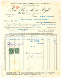 1937 ACQUI TERME (AL) - Gio. BARALIS & Figli Premiate distillerie - Fattura