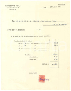 1926 TORINO C.so Vittorio Emanuele 96 - Giuseppe GILI - LIEBIG - Nota di credito
