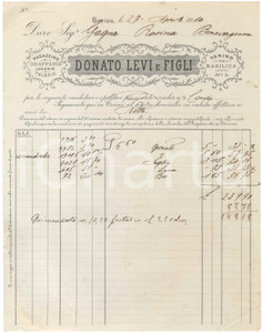 1910 TORINO Via Basilica 3 - Donato LEVI e Figli - Fattura per tessuti Fattura commerciale d'epoca manoscritta, su carta intestata.PAGINE: 1 FAIR/discreto piegature d'epoca; piccoli fori da spillatura; lievi gualciture Formato: 22x28 cm originale e autentica 1