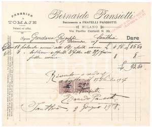 1907 MILANO Via Panfilo Castaldi - Bernardo PANSIOTTI Fabbrica tomaje - Fattura Fattura commerciale d'epoca manoscritta, su carta intestata.Presente marca da bollo.  POOR/danneggiato piegature d'epoca, fioriture  originale e autentica 1