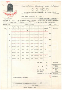 1950 MILANO Corso Monforte 38 - G. G. NICLAS Distributore ROUGE BAISER - Fattura