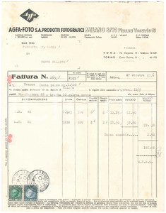 1936 MILANO Piazza Vesuvio 19 AGFA-FOTO S.A. Prodotti fotografici - Fattura