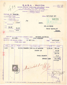 1937 MILANO Via S. Prospero S.A.S.A. Società Anonima Applicazioni RAYON *Fattura