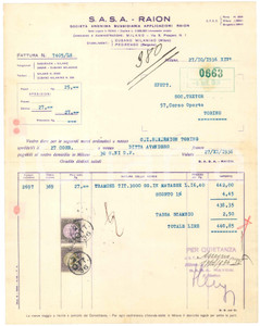 1936 MILANO Via Prospero 1 S.A.S.A. Società Anonima Applicazioni RAION - Fattura