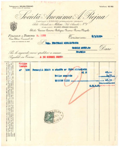 1934 TORINO Corso Vittorio Emanuele 21 - Società Anonima A. REJNA - Fattura
