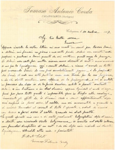 1907 SARDEGNA CALANGIANUS Tomaso Antonio CORDA - Lettera per cessione tanca
