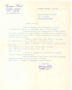 1965 SAN CANDIDO (BZ) - OLYMPIA HOTEL - Lettera commerciale per pernottamento Lettera commerciale d'epoca dattiloscritta, su carta intestata.PAGINE: 1 FAIR/discreto piegature d'epoca; piccolo foro al lato sinistro; minimo strappo al lato destro Formato: 23x29 cm originale e autentica 1